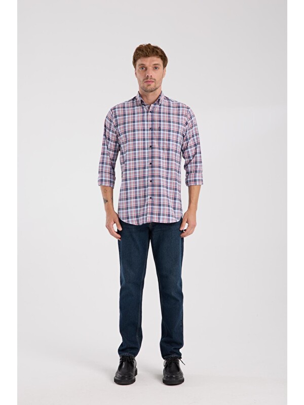 ABBATE Aclub Ac10084 Poplin Pamuklu Regular Fit Kırmızı Düğmeli Yaka Erkek Kareli Gömlek