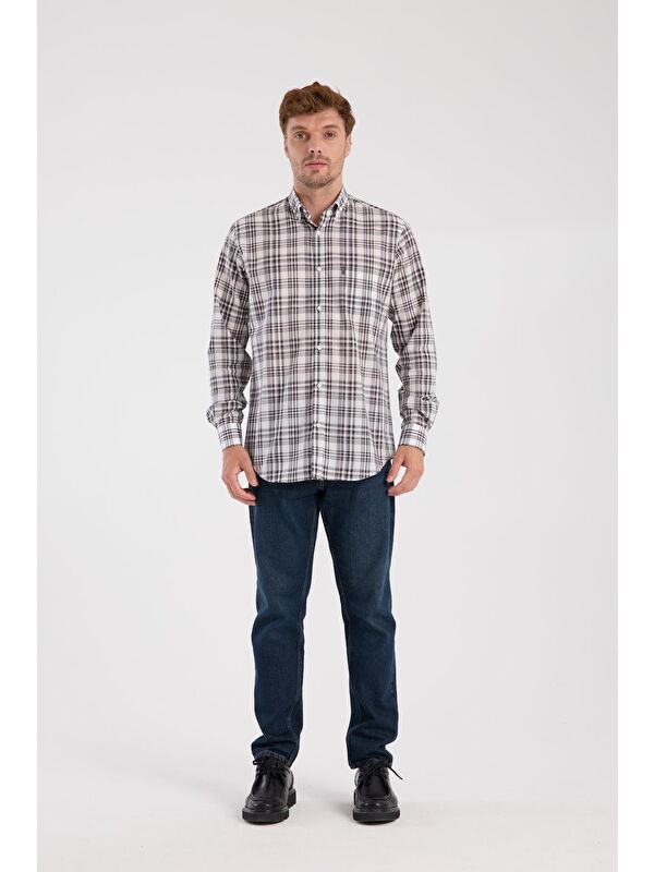 ABBATE Aclub Ac10084 Poplin Pamuklu Regular Fit Gri Düğmeli Yaka Erkek Kareli Gömlek