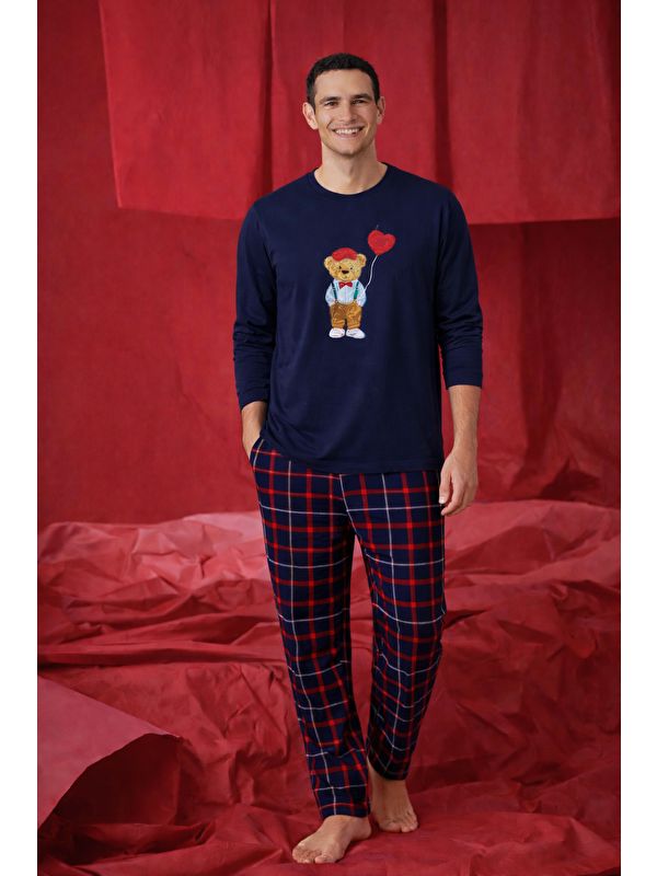 Koza İç Giyim Erkek Pamuklu Ayıcık Baskılı Ekose Desenli Pijama Takımı