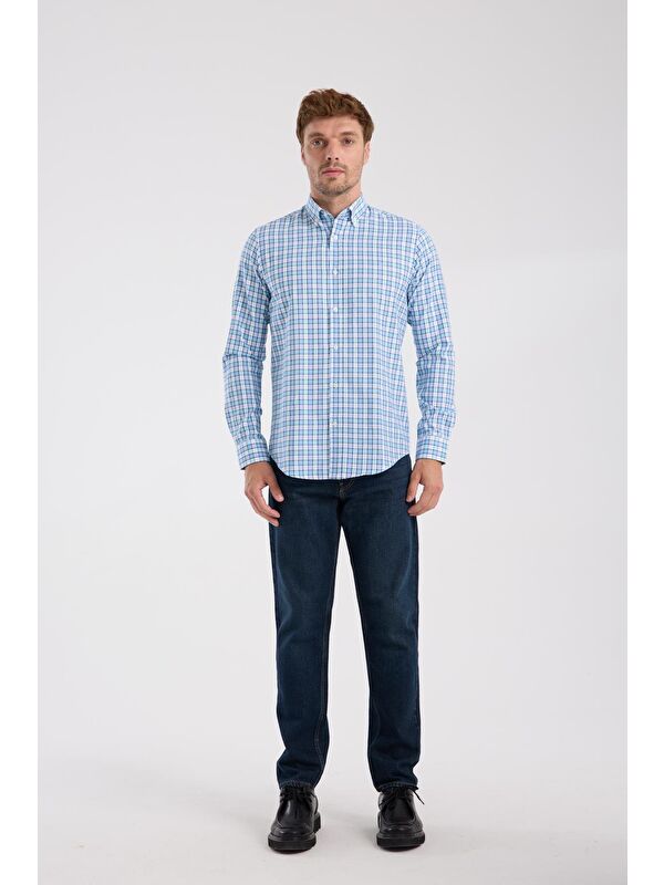 ABBATE Aclub Ac10083 Oxford Pamuk Karışımlı Slim Fit Turkuaz Düğmeli Yaka Erkek Kareli Gömlek