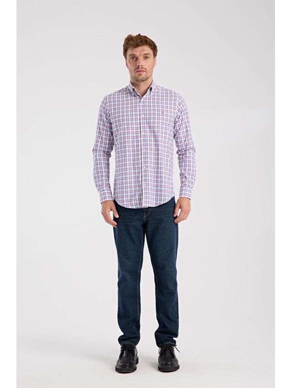 ABBATE Aclub Ac10083 Oxford Pamuk Karışımlı Slim Fit Kırmızı Düğmeli Yaka Erkek Kareli Gömlek