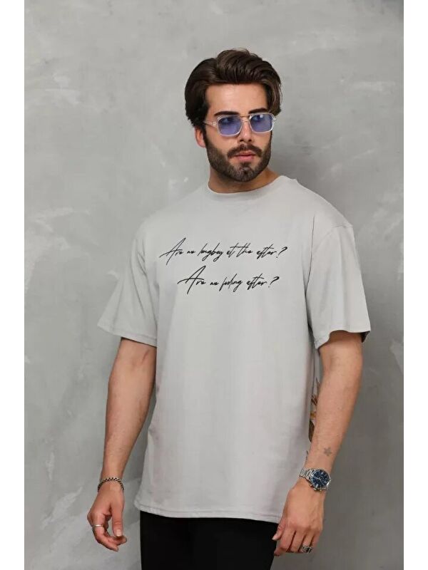 Jane's Unisex Bisiklet Yaka Baskılı Oversize T-Shirt - Gri