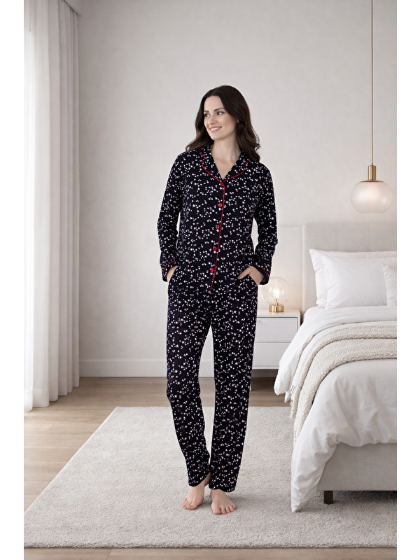 Formo PREMIUM Kadın Viskon Gömlek Yaka Boydan Düğmeli Uzun Kollu Yüksek Kalite Pijama Takımı