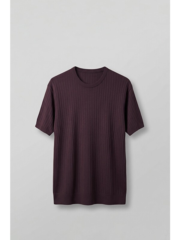 Abluka Online Erkek Regular Fit Fitilli Triko Bisiklet Yaka T-Shirt Bordo