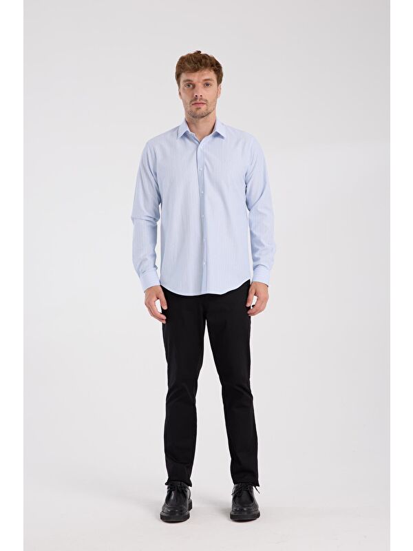 ABBATE Aclub Ac10080 Oxford Pamuk Karışımlı Slim Fit Açık Mavi Klasik Yaka Erkek Çizgili Gömlek