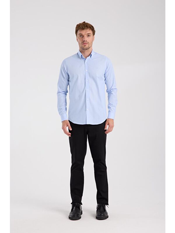 ABBATE Aclub Ac10079 Poplin Pamuklu Slim Fit Açık Mavi Düğmeli Yaka Erkek Düz Gömlek