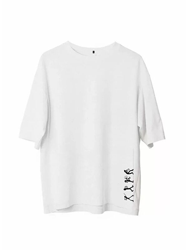 Jane's Unisex Bisiklet Yaka Baskılı Oversize T-Shirt - Beyaz
