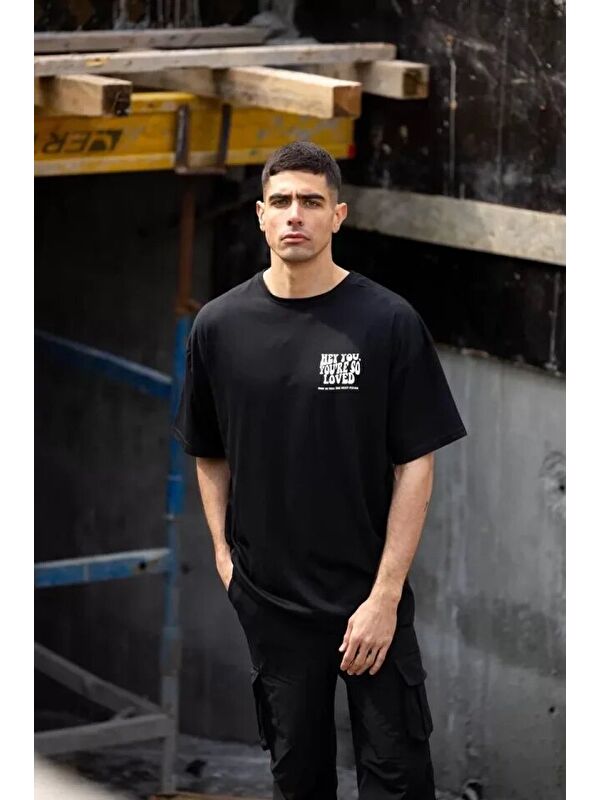 Jane's Unisex Bisiklet Yaka Baskılı Oversize T-Shirt - Siyah