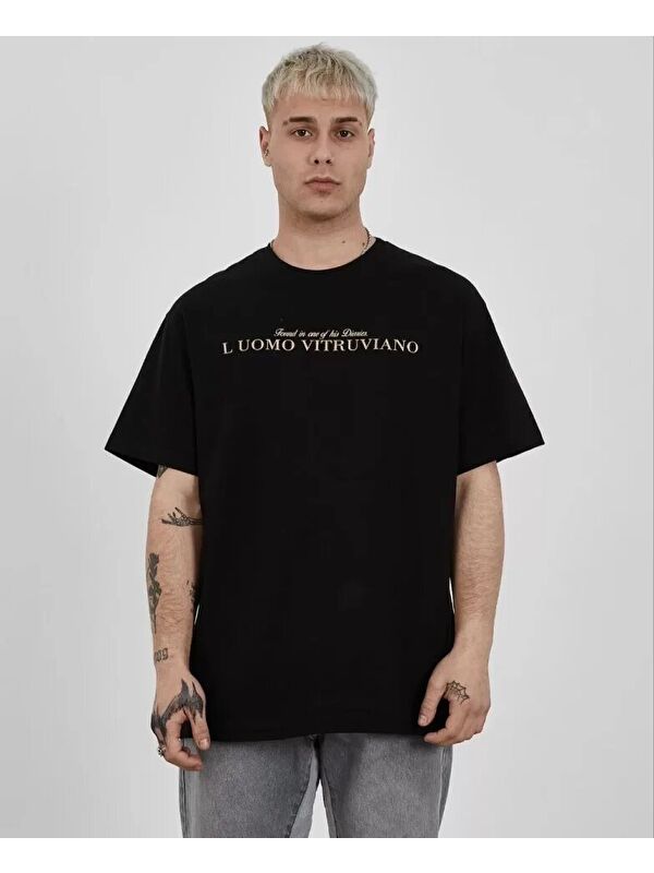 Jane's Unisex Bisiklet Yaka Baskılı Oversize T-Shirt - Siyah