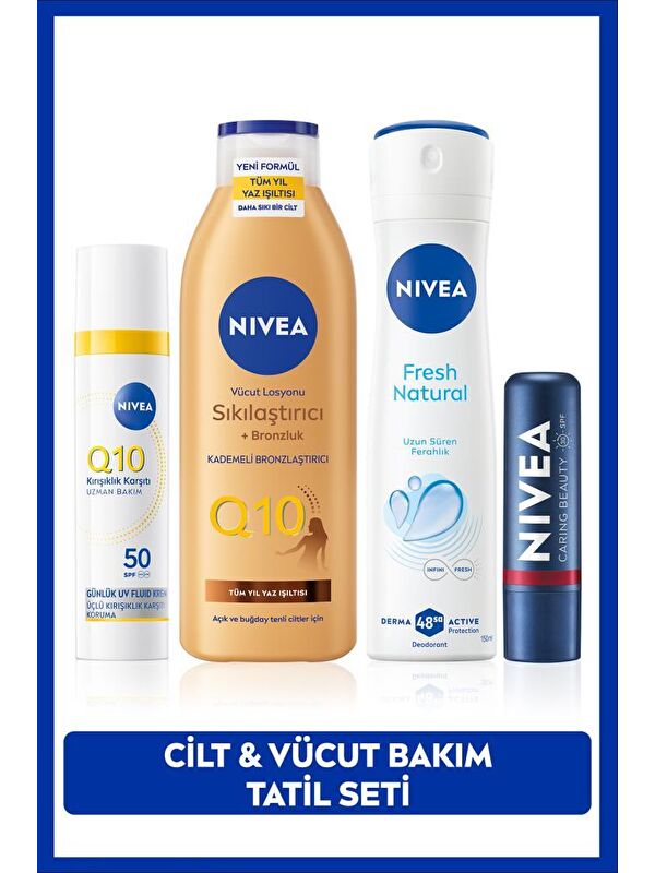 NIVEA Q10 SPF50 Gündüz Yüz Krem 40ml, Sıkılaştırıcı Bronzluk Losyon 250ml,Kırmızı Dudak Kremi ve Deodorant