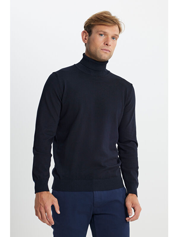 Altınyıldız Classics Erkek Lacivert Pamuklu Standart Fit Normal Kesim Tam Balıkçı Yaka Basic Triko Kazak