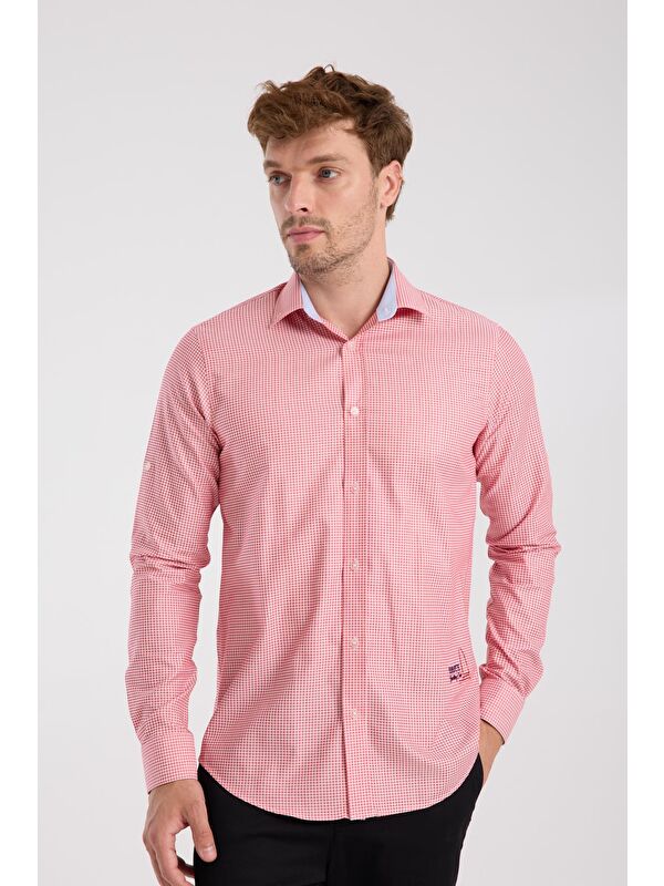ABBATE Aclub Ac10073 Poplin Pamuklu Slim Fit Kırmızı Düğmeli Yaka Erkek Kareli Gömlek