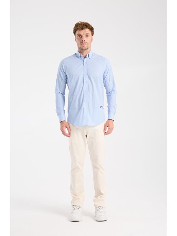 ABBATE Aclub Ac10073 Poplin Pamuklu Slim Fit Açık Mavi Düğmeli Yaka Erkek Kareli Gömlek