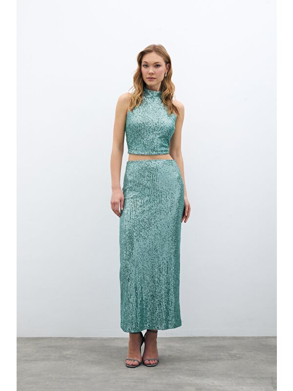 SATEEN Fermuarlı Karolin Midi Etek - Mint
