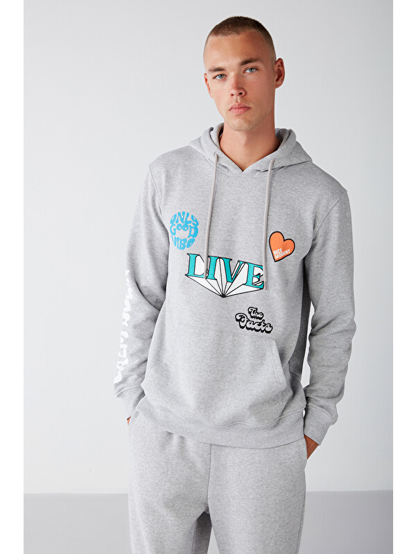 GRIMELANGE ALIVE Erkek Baskı Detaylı Yumuşacık Kanguru Cepli Kapüşonlu Regular Kordonlu GRİ MELANJ Sweatshirt