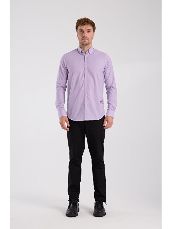 ABBATE Aclub Ac10073 Poplin Pamuklu Slim Fit Mor Düğmeli Yaka Erkek Kareli Gömlek