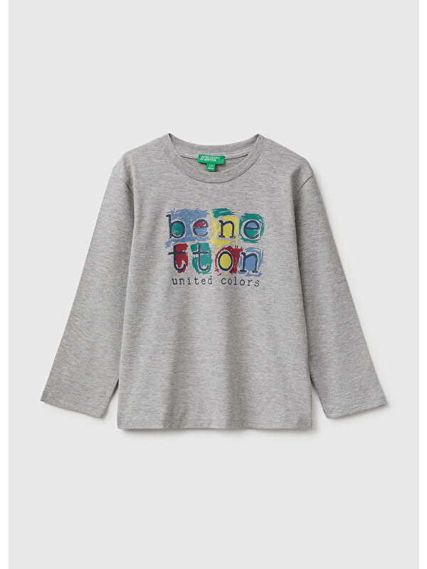 United Colors Of Benetton Erkek Bebek Gri Melanj Önü Baskılı Uzun Kollu Tişört