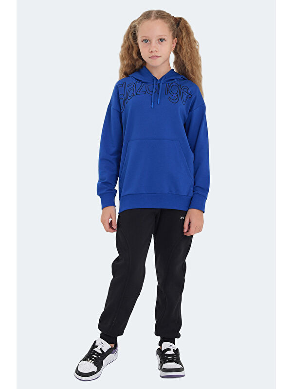 SLAZENGER LETTO Unisex Çocuk Kapüşonlu Cepli Saks Mavi Sweatshırt