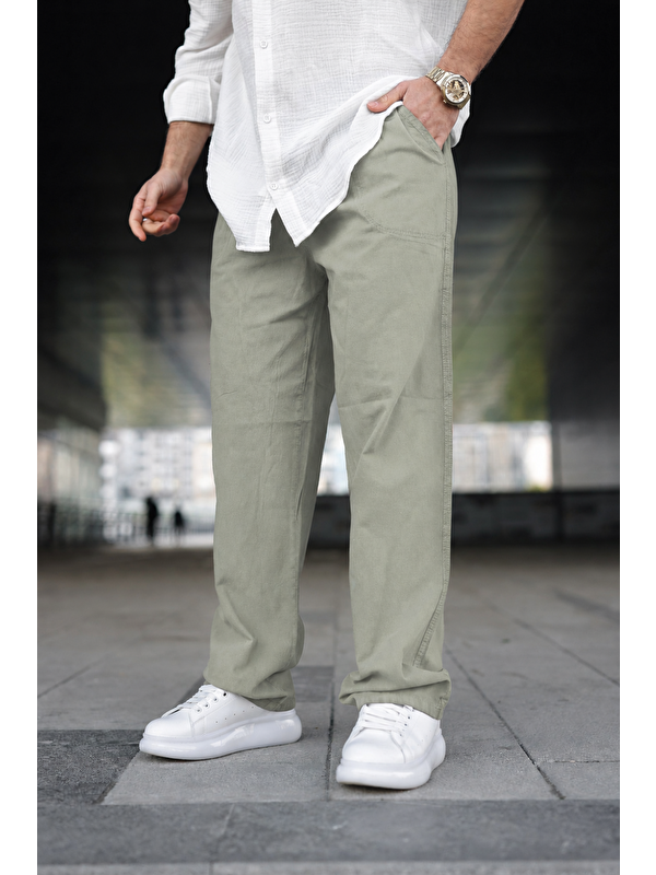 Comstar Erkek Trend Basic Bol Paça Ç.Yeşil Baggy Keten Pantolon