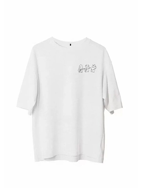 Jane's Unisex Bisiklet Yaka Baskılı Oversize T-Shirt - Beyaz