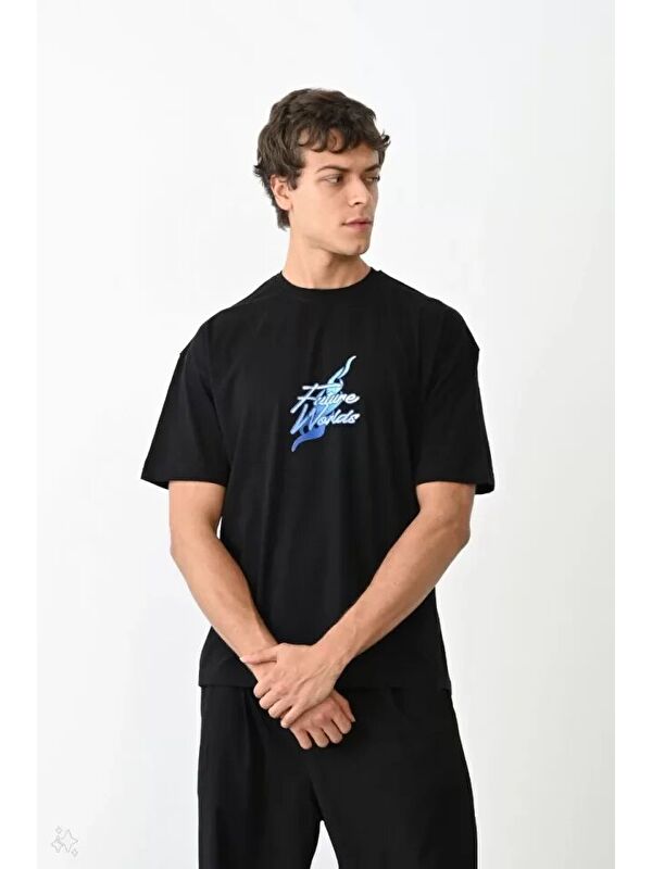 Jane's Unisex Bisiklet Yaka Baskılı Oversize T-Shirt - Siyah