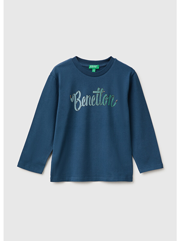 United Colors Of Benetton Erkek Bebek Lacivert Önü Baskılı Uzun Kollu Tişört