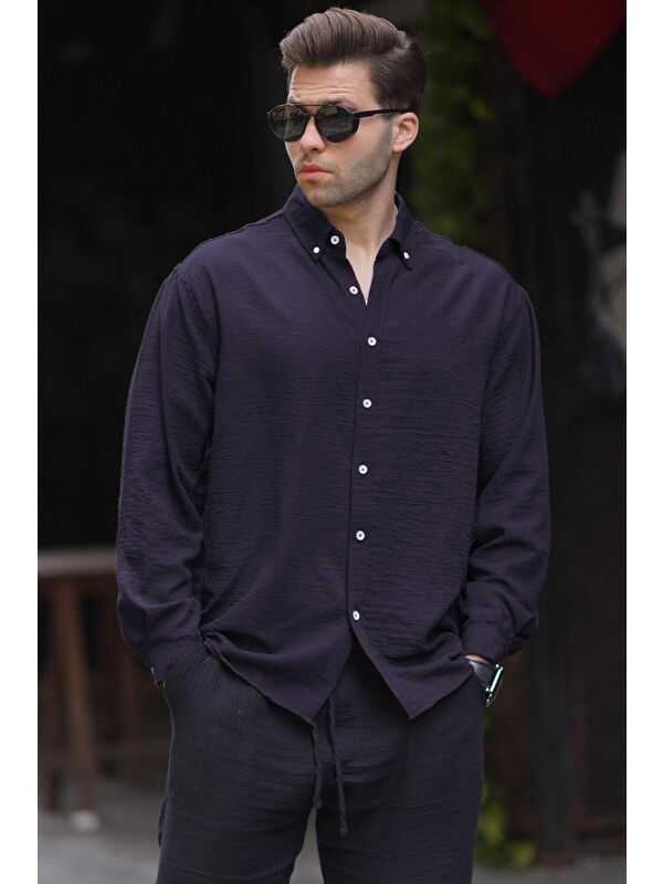 Madmext Lacivert Uzun Kollu Oversize Erkek %100 Pamuk Gömlek 6735
