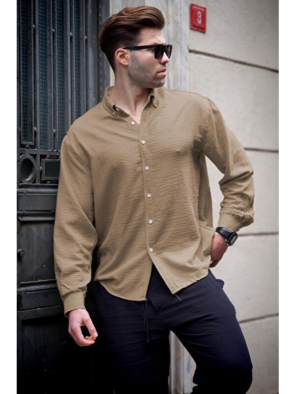 Madmext Camel Uzun Kollu Oversize Erkek %100 Pamuk Gömlek 6735