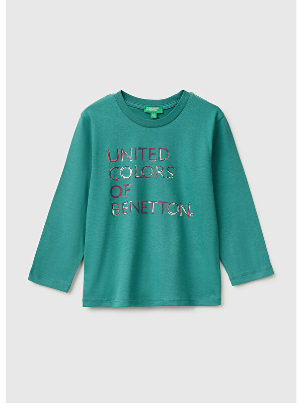 United Colors Of Benetton Erkek Bebek Petrol Yeşili Önü Baskılı Uzun Kollu Tişört