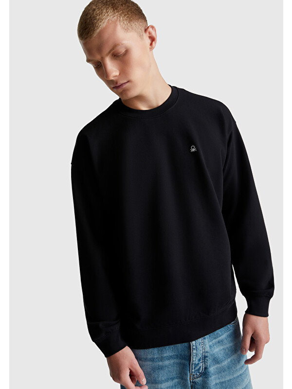 United Colors Of Benetton Erkek Siyah %100 Pamuk Önü Logo İşlemeli Bisiklet Yaka Sweatshirt