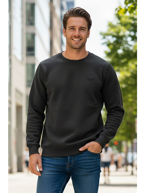 Remsa Erkek İçi Şardonlu Bisiklet Yaka Pamuklu Sweatshirt 0319 Siyah