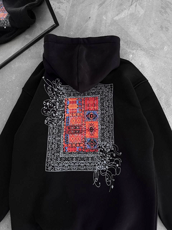 Jane's Uzun Kol Kapüşonlu Ön Ve Arka Baskılı SweatShirt - Siyah