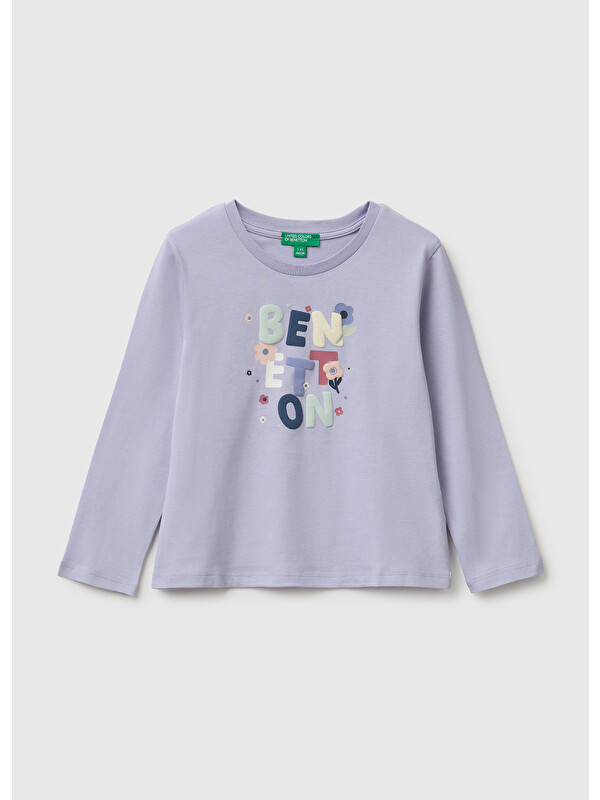 United Colors Of Benetton Kız Bebek Lila Önü Baskılı Uzun Kollu Tişört