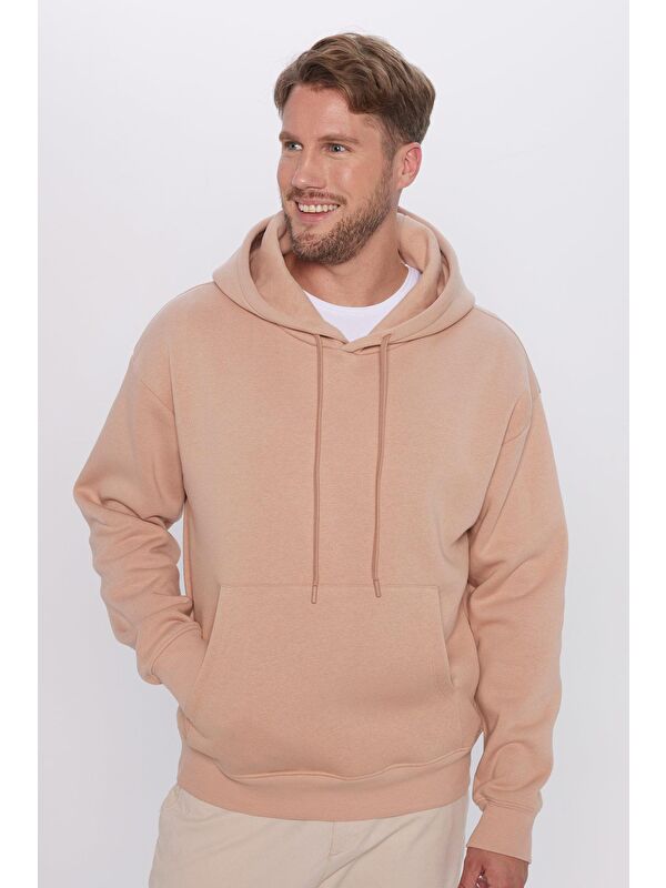 TUDORS Unisex Oversize Geniş Kesim Pamuklu Yumuşak Dokulu İçi Polarlı Basic Vizon Renk Kapüşonlu Sweatshirt