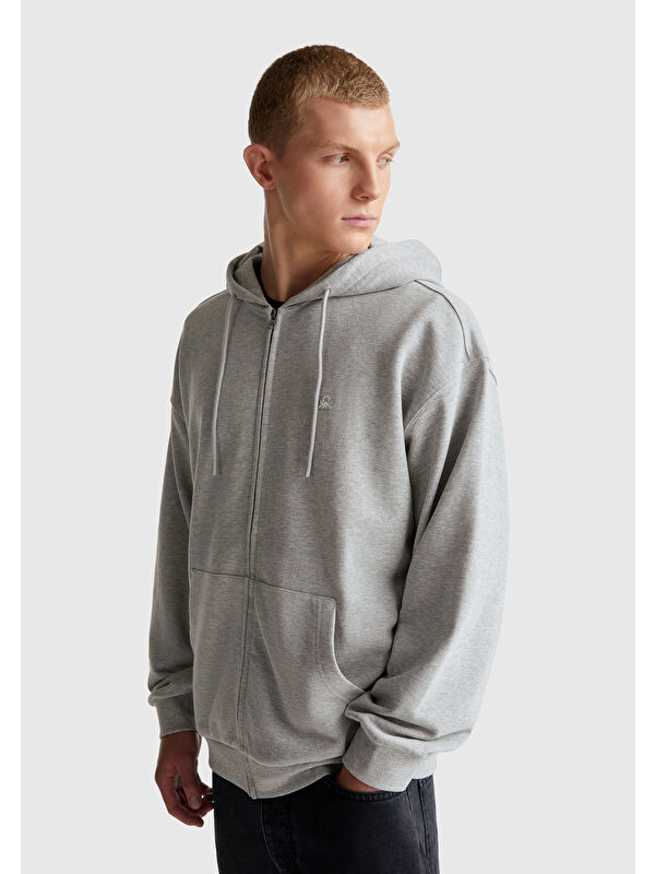 United Colors Of Benetton Gri Melanj %100 Pamuk Dar Kesim   Kapüşonlu Erkek Fermuarlı Sweatshirt Hırka