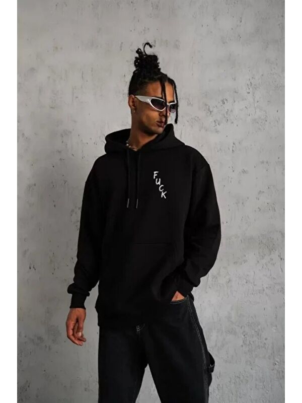Jane's Unisex Kapüşonlu Uzun Kol Baskılı SweatshirtSiyah-19351