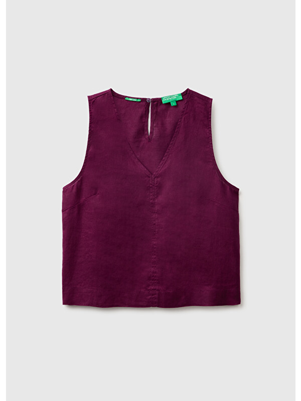 United Colors Of Benetton Kadın Koyu Mor %100 Keten V Yaka Bluz