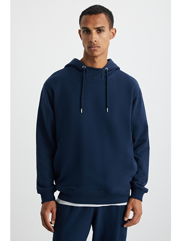 GRIMELANGE ALESSIO Erkek %100 Pamuk Kapüşonlu Kordon Detaylı Oversize Fit LACİVERT Sweatshirt