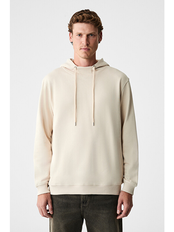 GRIMELANGE ALESSIO Erkek %100 Pamuk Kapüşonlu Kordon Detaylı Oversize Fit BEJ Sweatshirt