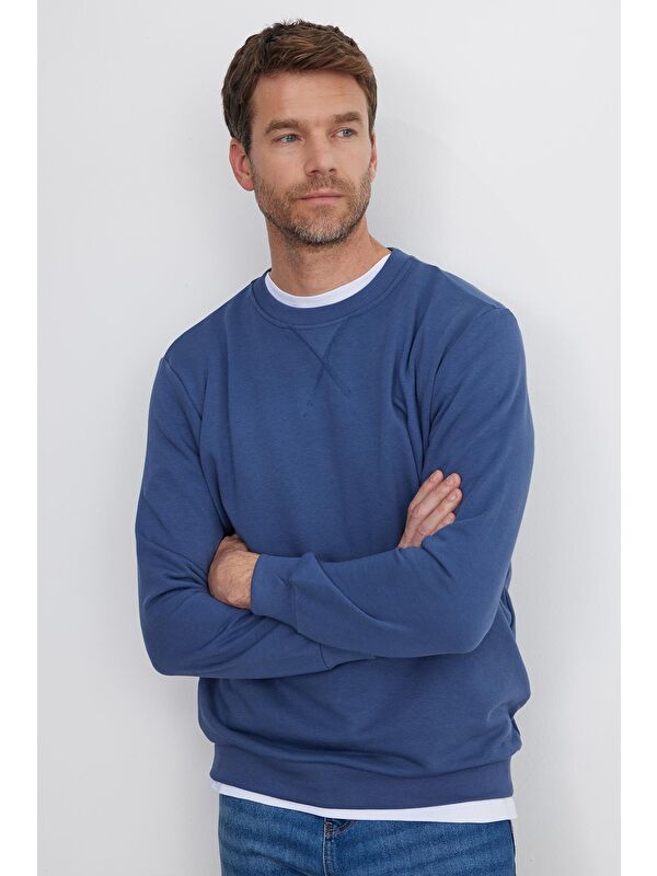 TUDORS Unisex Relax Fit Rahat Kesim %100 Pamuk Basic İndigo Bisiklet Yaka Sweatshirt
