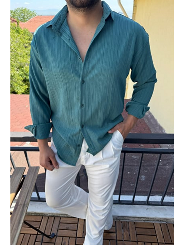 Tarz Cool Tam Kalıp Bürümcük Kumaş Gömlek Zümrüt Yeşil