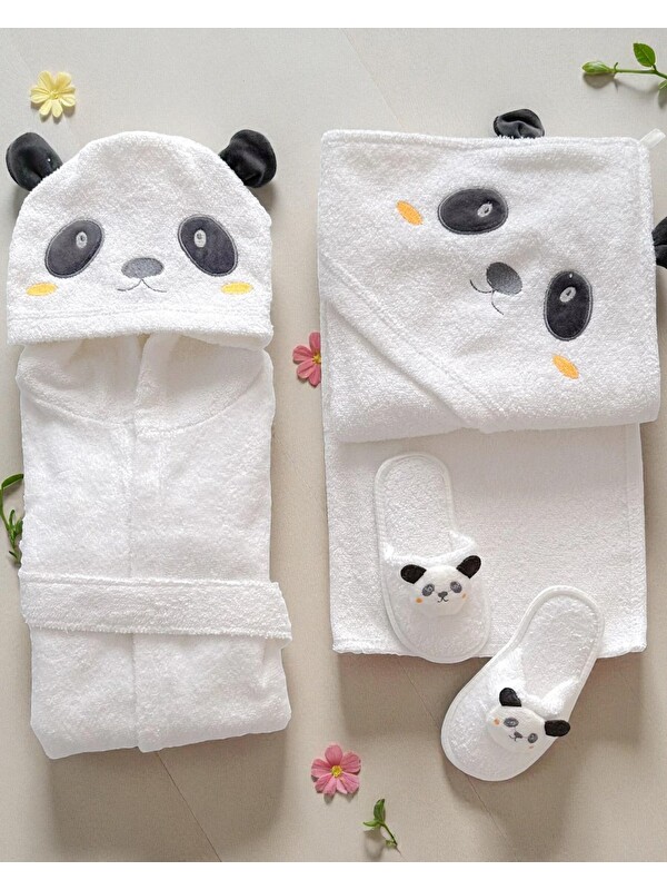 Ege Bebek Erkek Bebek Panda Nakışlı 4'lü Havlu & Bornoz Banyo Seti, Yeni Doğan Bornoz Takımı