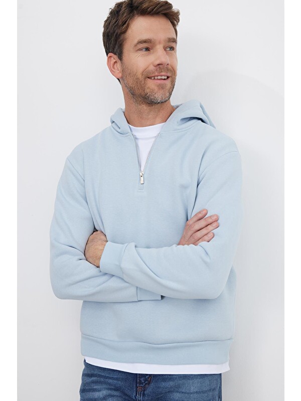 TUDORS Unisex Relax Fit Rahat Kesim Pamuklu İçi Polarlı Yarım Fermuarlı Mavi Kapüşonlu Sweatshirt