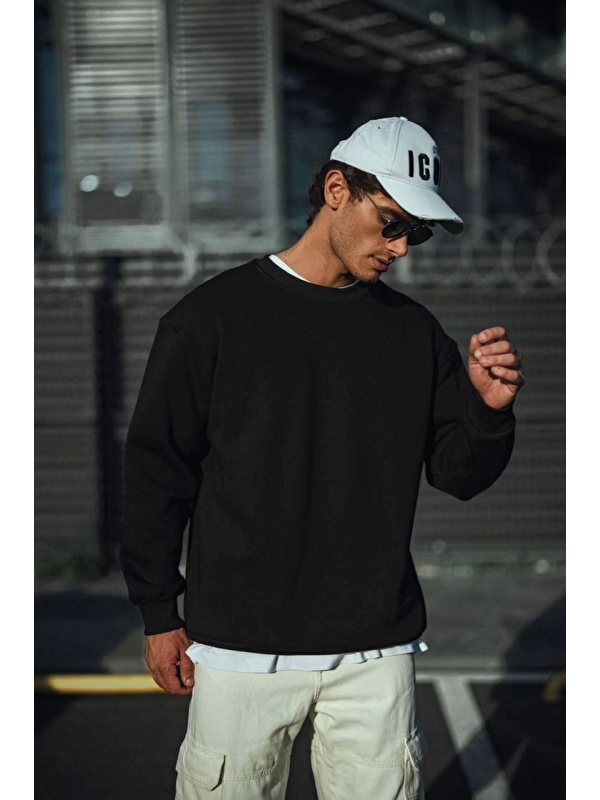 Jane's Kışlık Bisiklet Yaka Üç İplik Basic SweatShirt - Siyah