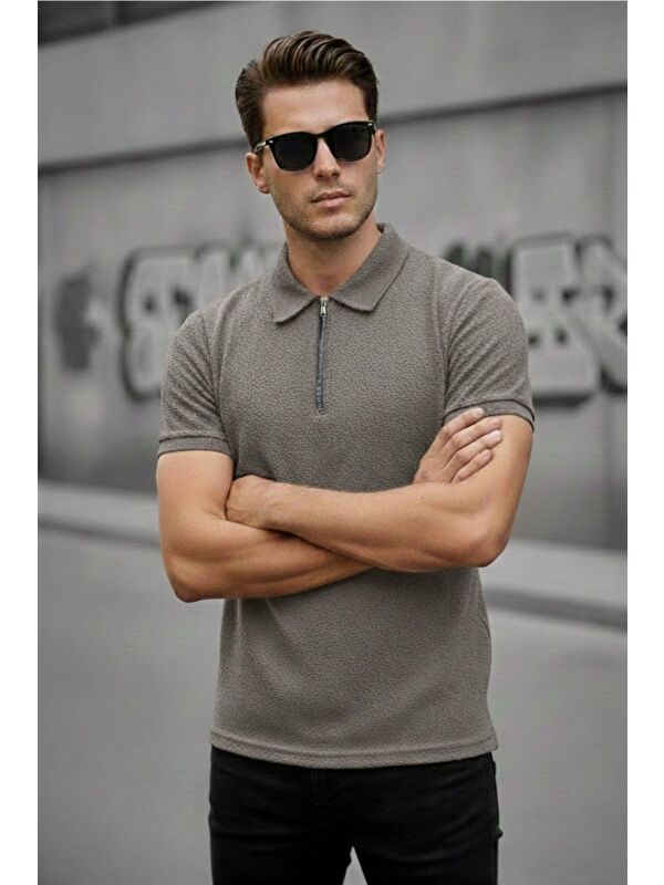 Oksit Robb Erkek Yarım Fermuarlı Dokulu Polo Yaka Kısa Kollu Slim Fit Tişört