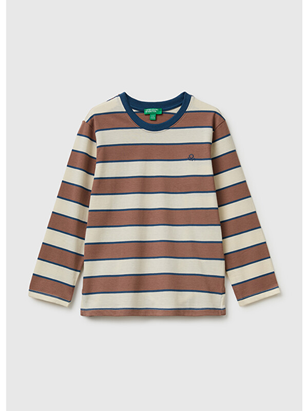 United Colors Of Benetton Erkek Bebek Kahverengi Mix Logo İşlemeli Çizgili Ribanalı Uzun Kollu Tişört