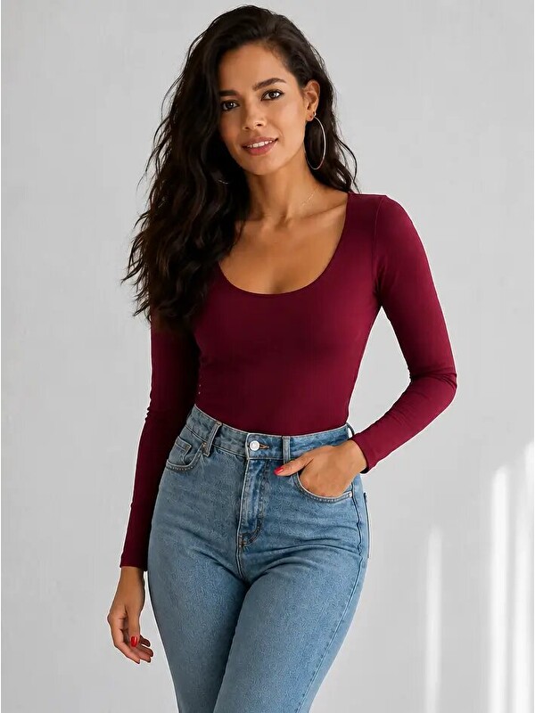 carla10 Kadın U Yaka Uzun Kollu Esnek Basic Bluz – Bordo