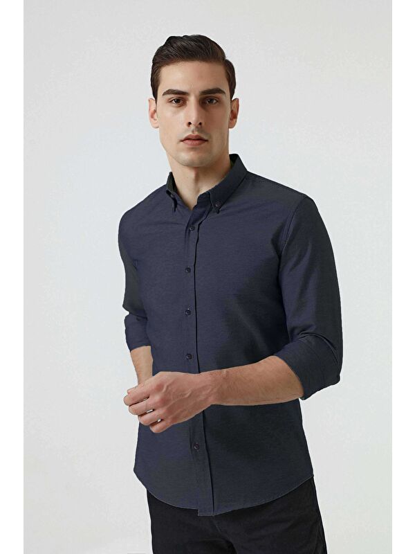 D'S damat Slim Fit Lacivert Armürlü Düğmeli Yaka Pamuklu Gömlek
