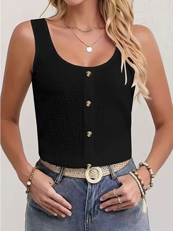 Jane's Kadın Askılı Yuvarlak Yakalı önden Düğmeli Bürümcük Bluz