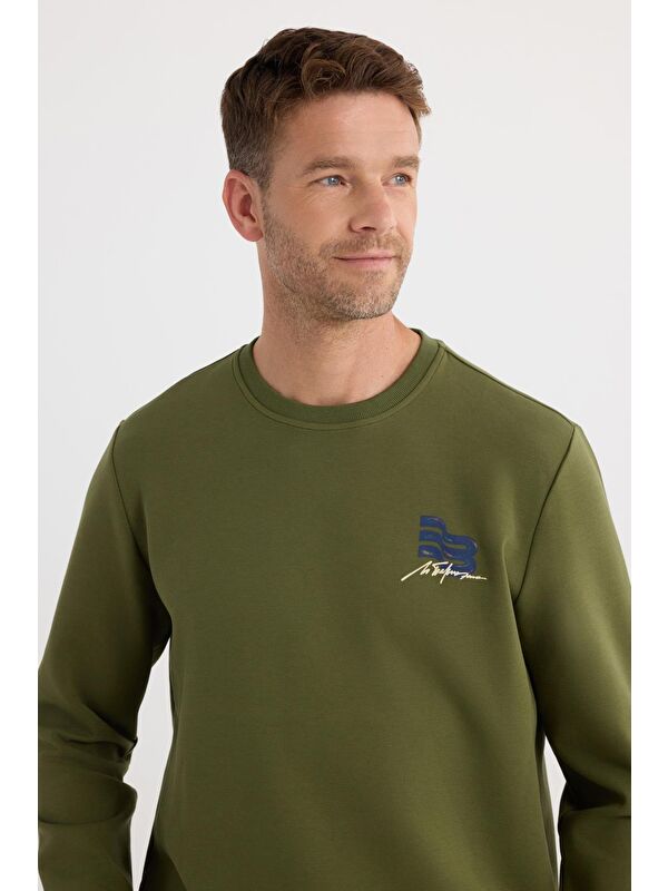 TUDORS Unisex Relax Fit Pamuklu Yumuşak Dokulu Bisiklet Yaka İçi Polarlı Baskılı Yeşil Sweatshirt